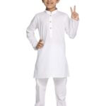 Boys' Cotton Solid Color Kurta with Full Sleeves, Mandarin Collar & Wooden Buttons – White Elasticated Waist Pyjama Set for Festive/Wedding