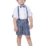 Kids Blue Cotton Blend Stripes Shirt Shorts With Cap and Suspender Set For Boys (CA-50-BLUE-0), Striped, 6-12 Months
