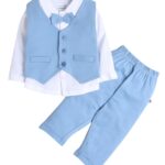 BUMZEE Powder Blue & White Boys Full Sleeves Shirt Waistcoat & Pant Set With Applique Bow Age - 2-3 Years (Peb9069F-pbl.wht)