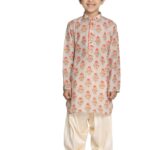 Boys' Beige & Cream Muslin Kurta Patiala Set Digital Floral Print, Eid Special Ethnic Wear