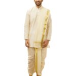 Mens Cream Art Silk Solid Kurta Dhoti Set